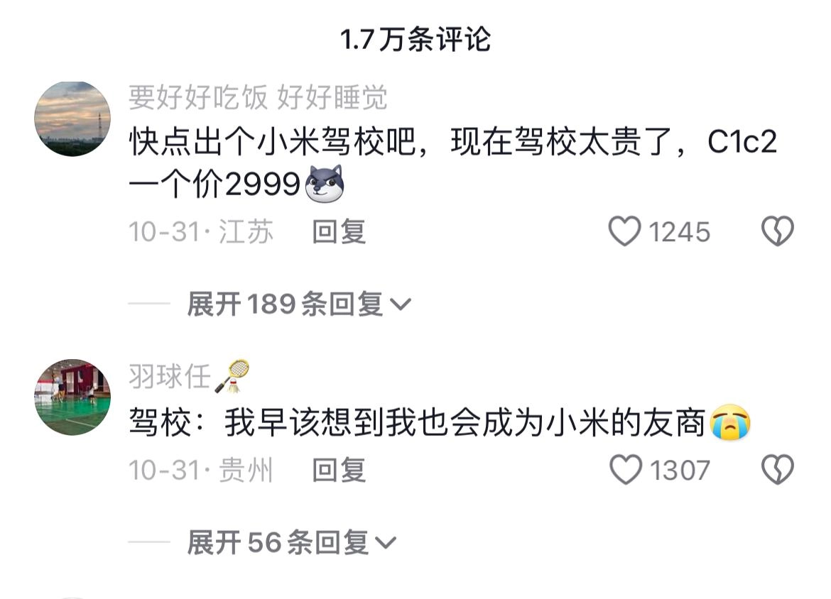 雷军将推出小米驾校？1999元包高级、漂移驾驶培训，网友：驾校一觉睡醒天塌了