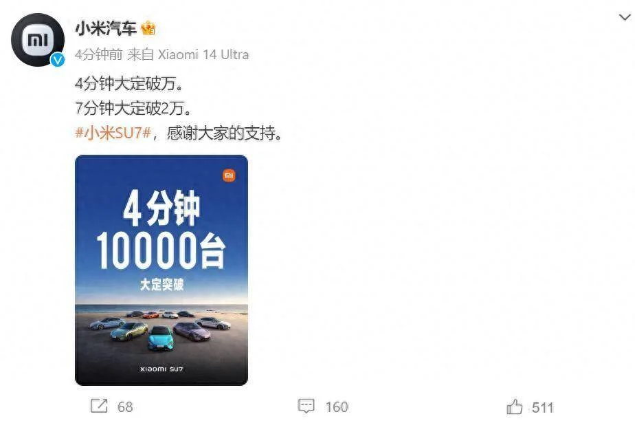 小米汽车这么受欢迎？小米汽车7分钟大定破2万-1