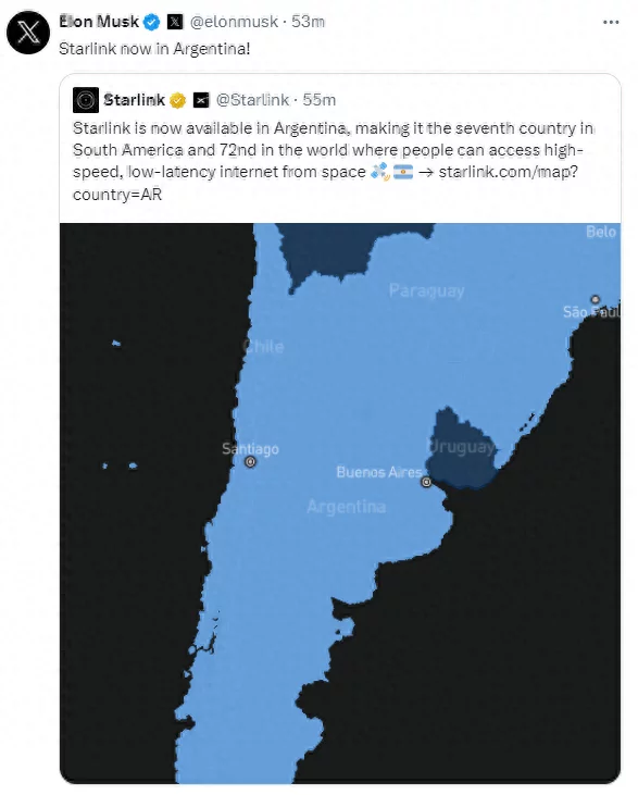 就在前几天,马斯克宣布Starlink在阿根廷开通服务-1 就在前几天,马斯克宣布Starlink在阿根廷开通服务-1