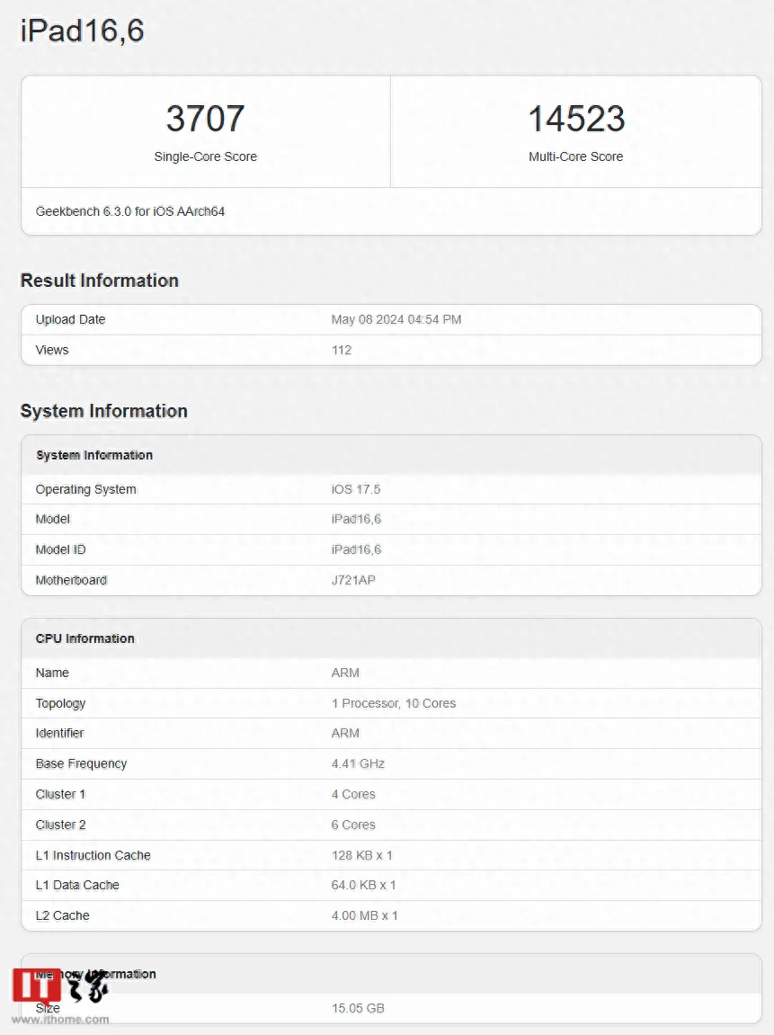 苹果M4款iPad Pro跑分出炉:GB6单核3767分,多核14677分-1 苹果M4款iPad Pro跑分出炉:GB6单核3767分,多核14677分-1
