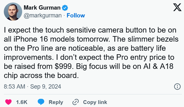 iPhone 16 Pro售价可能维持999美元 拥有更纤薄边框、A18 SoC、AI功能等 - 万事屋 | 生活·动漫·娱乐综合社区-银魂同好聚集地