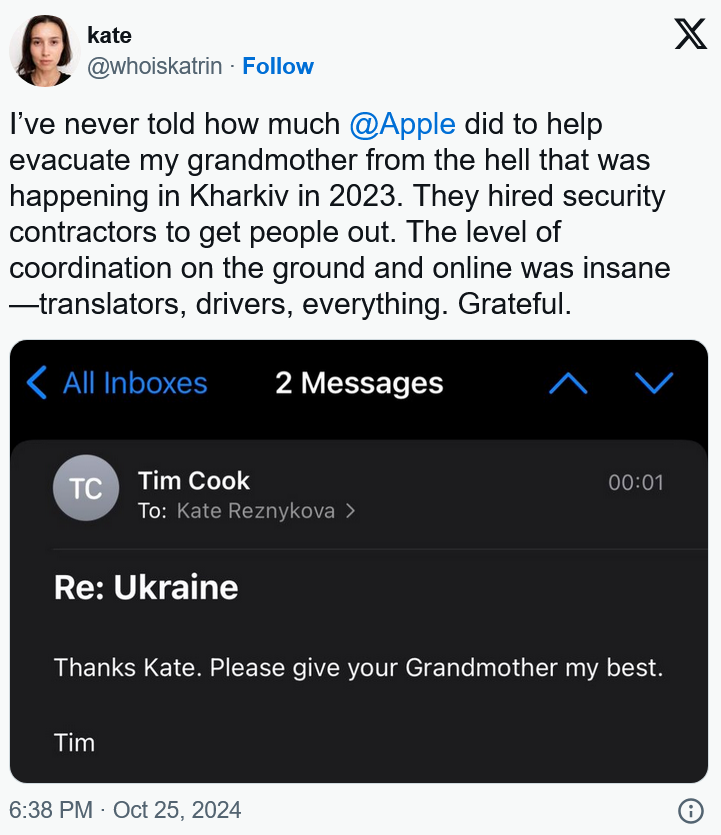 苹果帮助一位员工的祖母离开乌克兰的"全面行动"曝光 - 万事屋 | 生活·动漫·娱乐综合社区-银魂同好聚集地