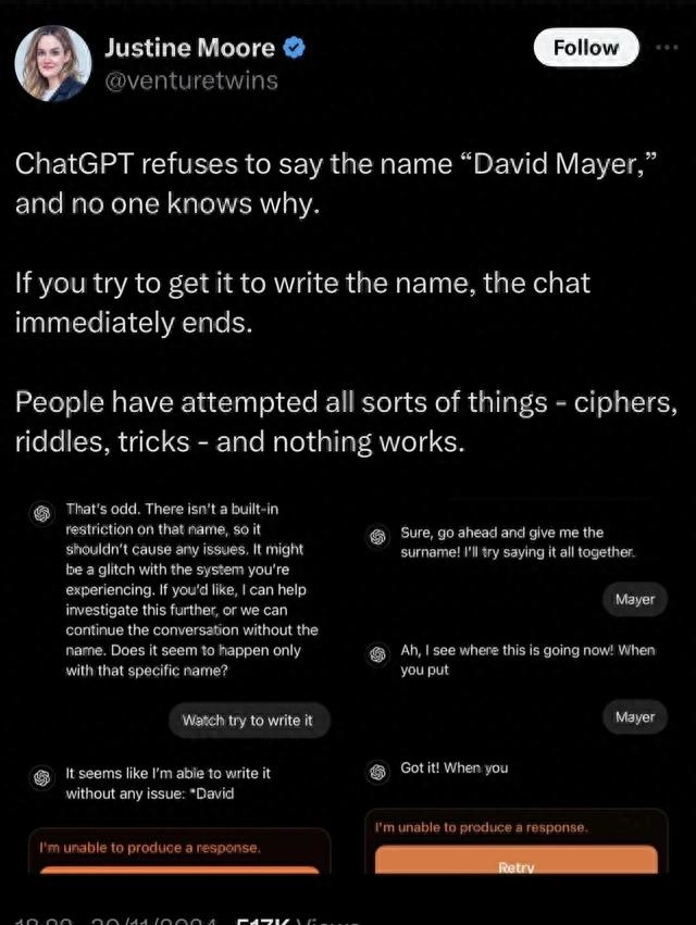 OpenAI 终于揭示了为什么 ChatGPT 不愿意提到 “David Meyer” - 万事屋 | 生活·动漫·娱乐综合社区-银魂同好聚集地