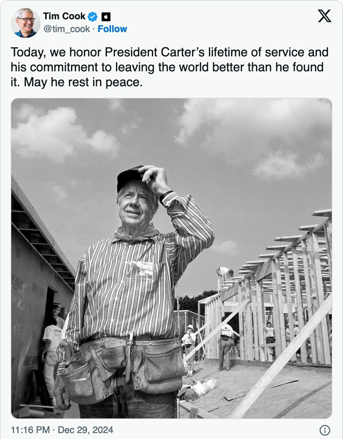 苹果公司通过官网主页向美国前总统吉米·卡特致敬