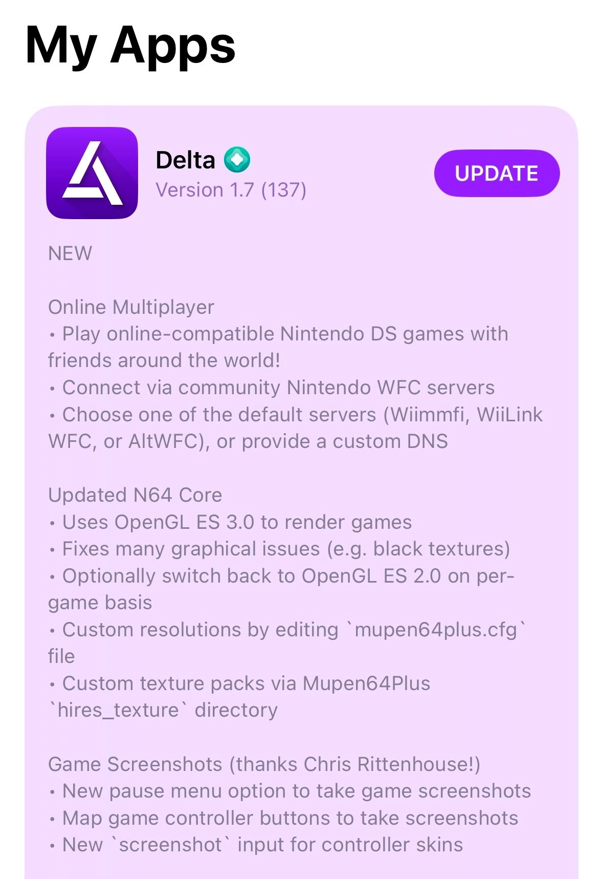 iOS/iPadOS开源游戏模拟器Delta 1.7更新:首次支持任天堂DS游戏多人联机