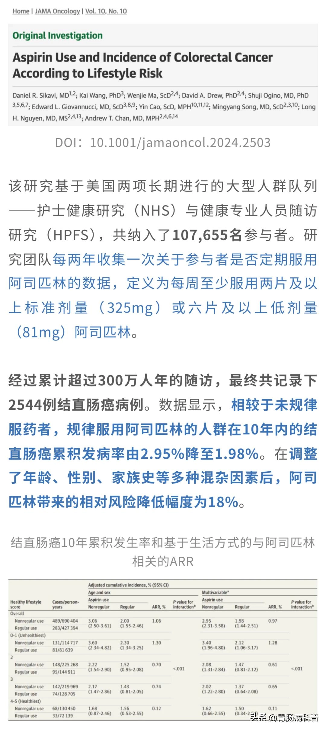 阿司匹林片再上神坛——百万国人20年数据:癌症风险骤降57%!