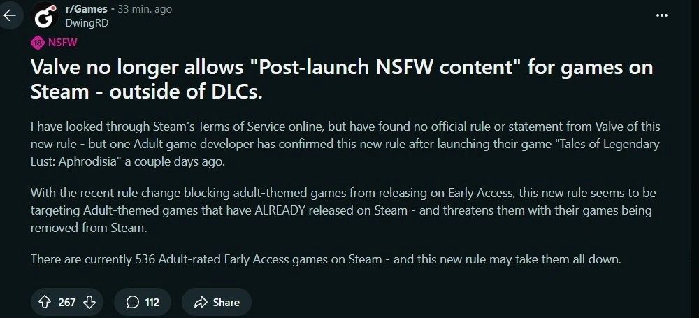 Steam正式限制不得以补丁形式追加成人内容