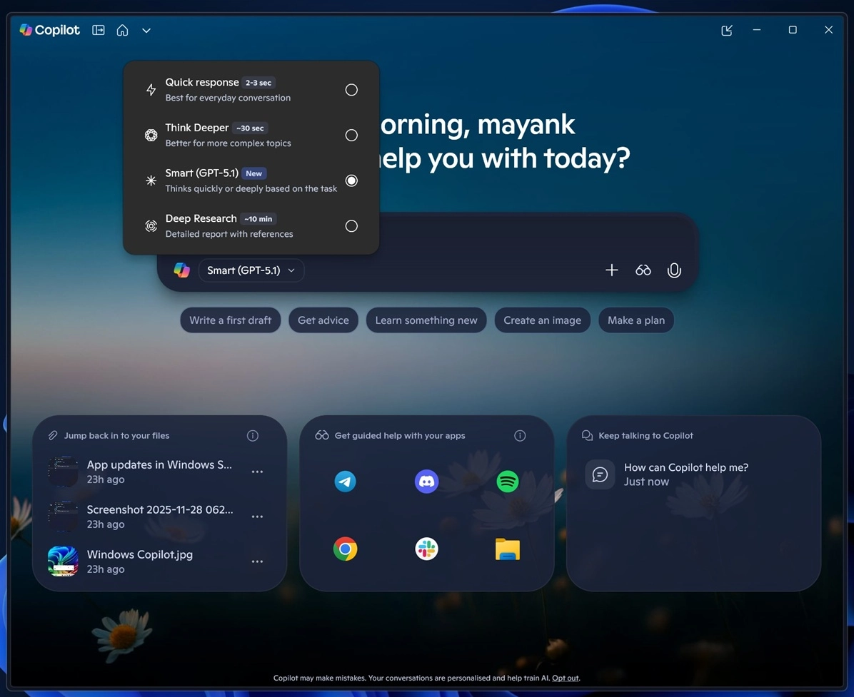 微软开始向Windows 11系统的Copilot提供GPT 5.1模型