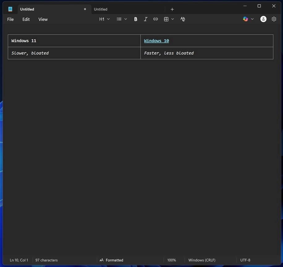 Windows 11记事本加入表格生成功能 并引入AI实时“打字式”回答