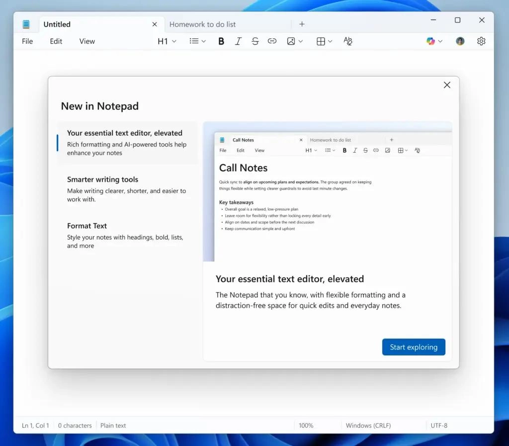 微软为Windows记事本新增更多格式化工具 画图工具融入更多AI功能