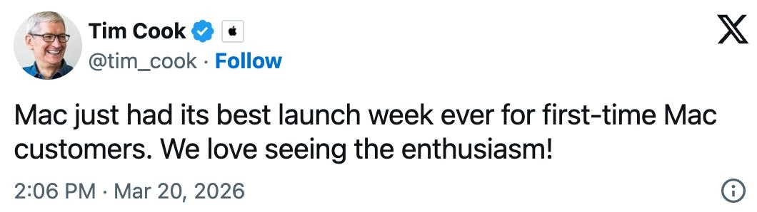 MacBook Neo成功吸引Windows用户转投 苹果迎来史上最佳上市首周