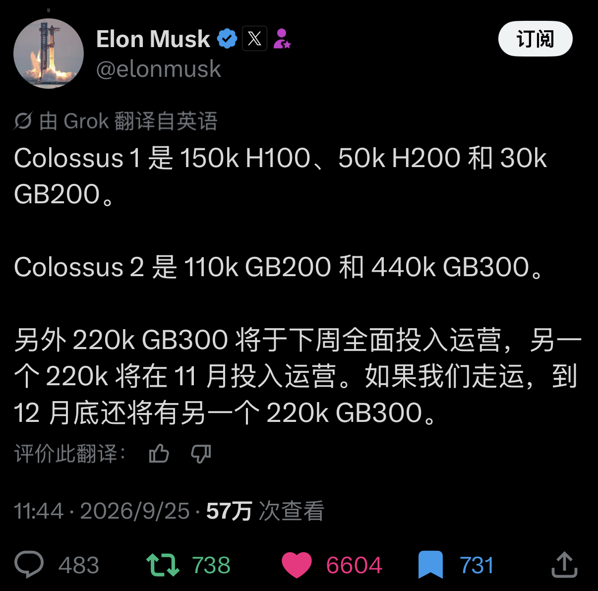 马斯克凌晨甩出一张令人窒息的算力战报 - 万事屋