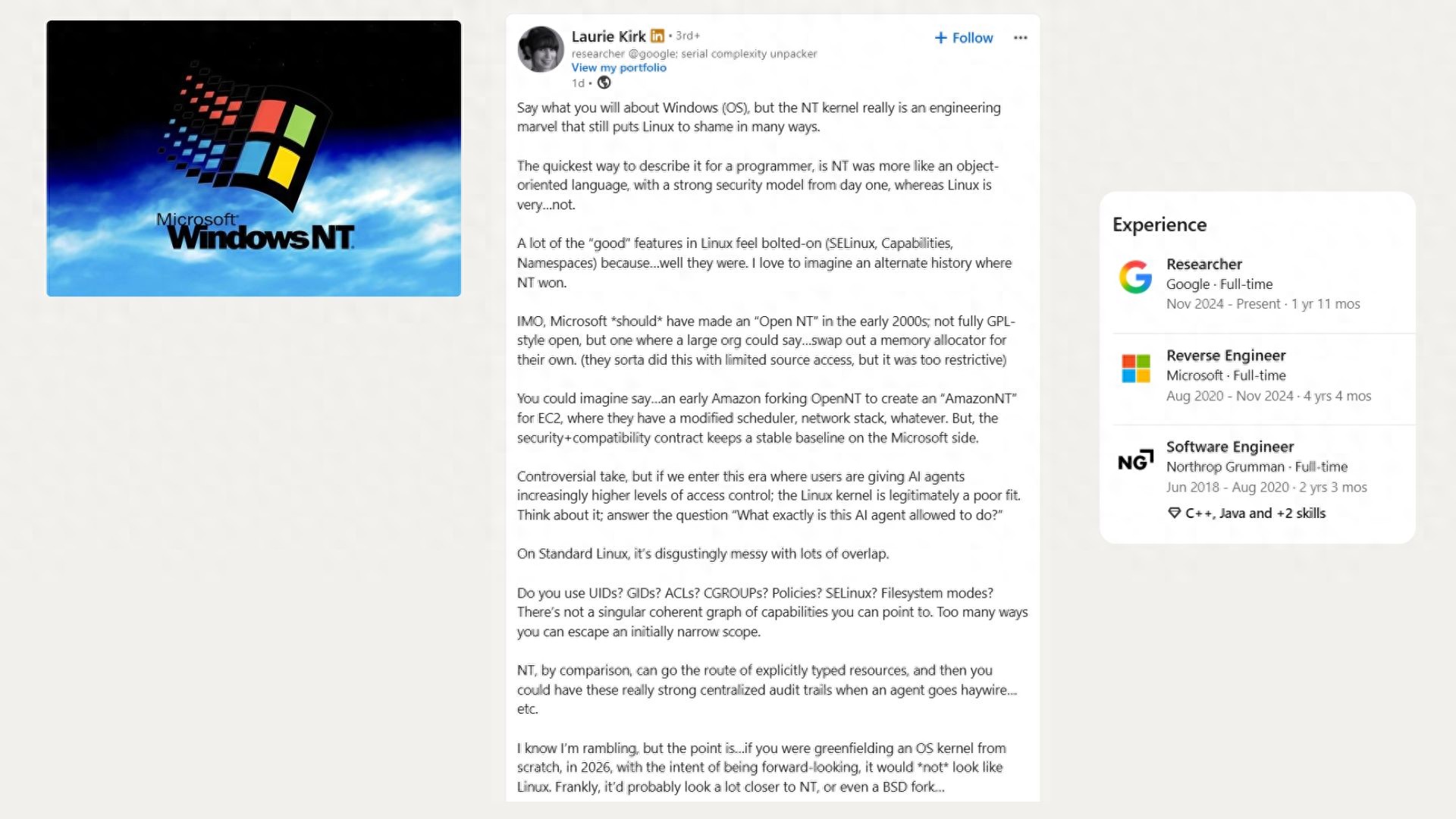 Google研究员称Windows NT内核设计至今仍让Linux相形见绌 - 万事屋