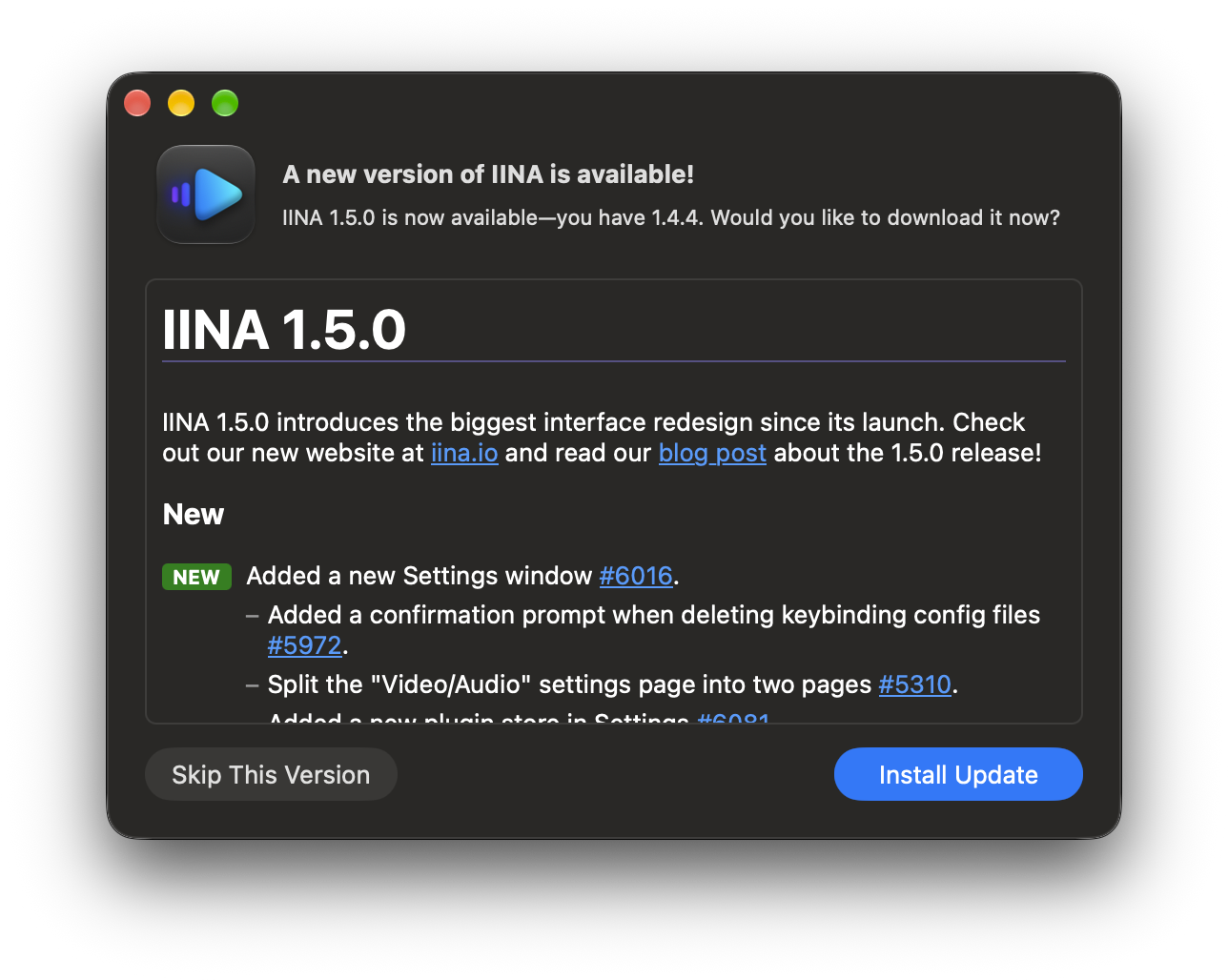 很久没更新的IINA一下子窜到了1.5.0正式版