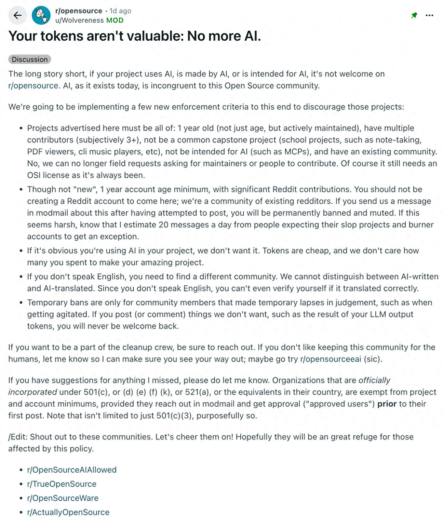 Reddit开源讨论区块突然封杀AI项目及非英语用户 引发开发者社区分裂 - 万事屋